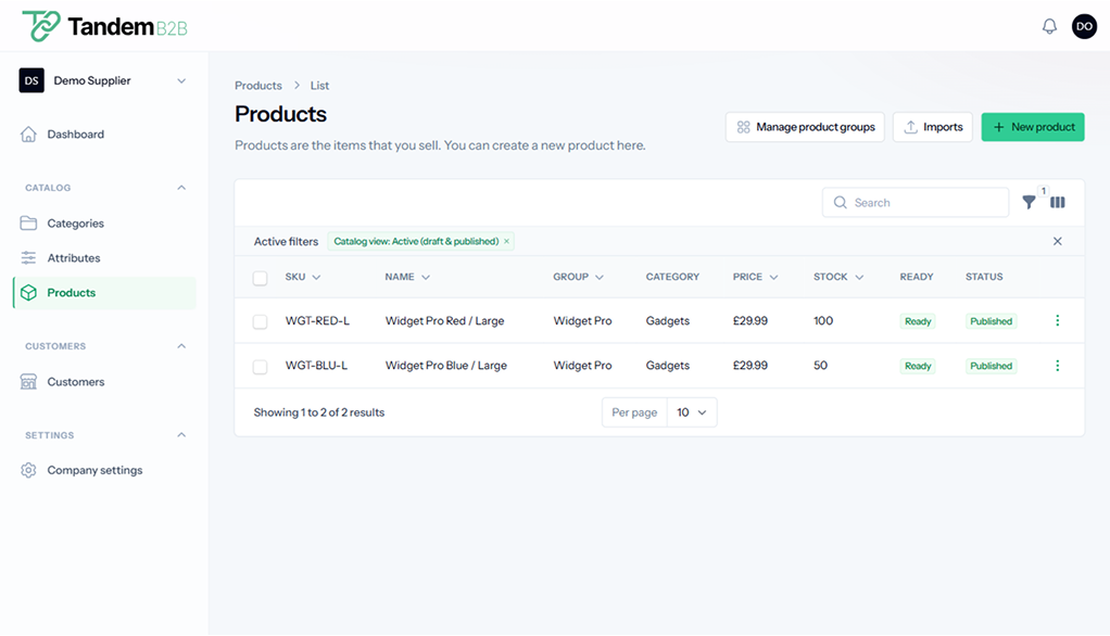 Tandem shared product catalog showing SKUs, pricing, stock, and publish status